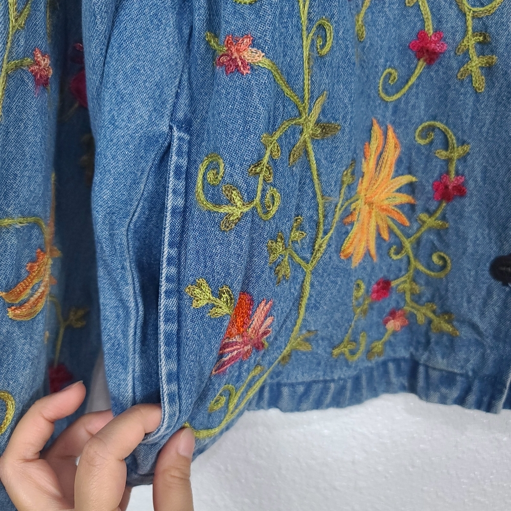 Tantrums Blue Denim Button-Down Jacket with Orange & Red Floral Embroidery - Picture 7 of 13
